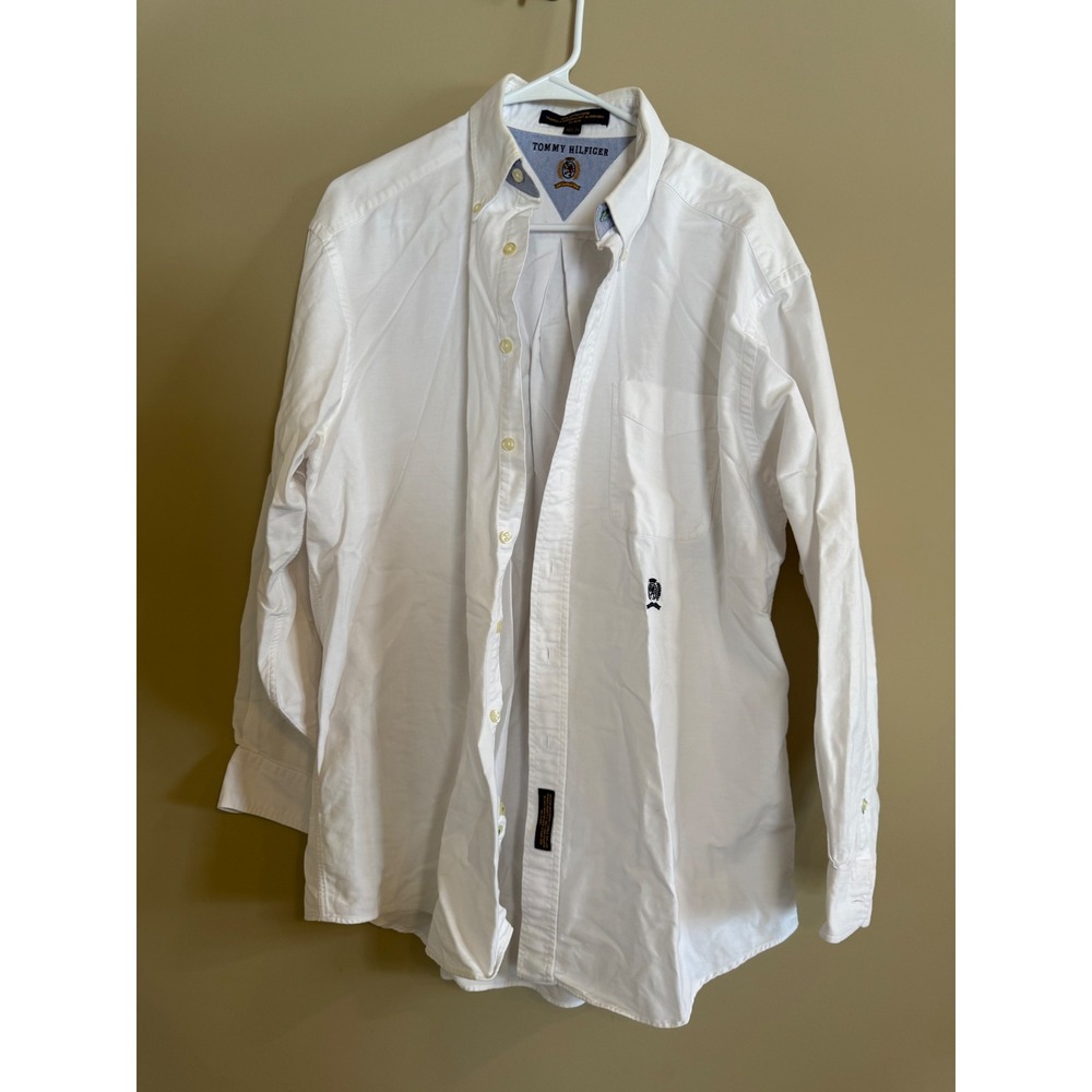 Tommy‎ Hilfiger Mens White Oxford Button Down Shirt Crest Logo 16.5 34